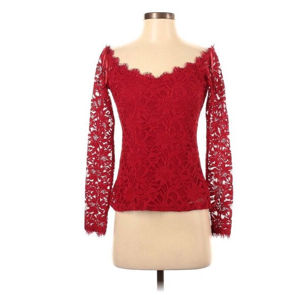 Boston Proper Red Off the Shoulder Scallop Lace Top Size XS Lined Shirt Blouse - Picture 1 of 6